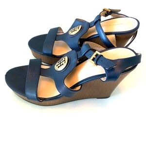 Tommy Hilfiger Kaydin Navy Blue Wedge Sandals Women’s Size 7 Gold Logo Open Toe